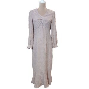 Elegant V Neck Long Sleeve Textured Maxi Dress Blush Pink Romantic Regency Large